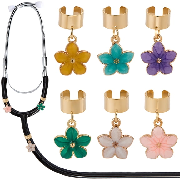 6Pcs 6 Colors Stethoscope Name Tag Flower Stethoscope Charm Small Gold Alloy Enamel Mixed Color 5 Petal Cute ID Tag Charms Accessories