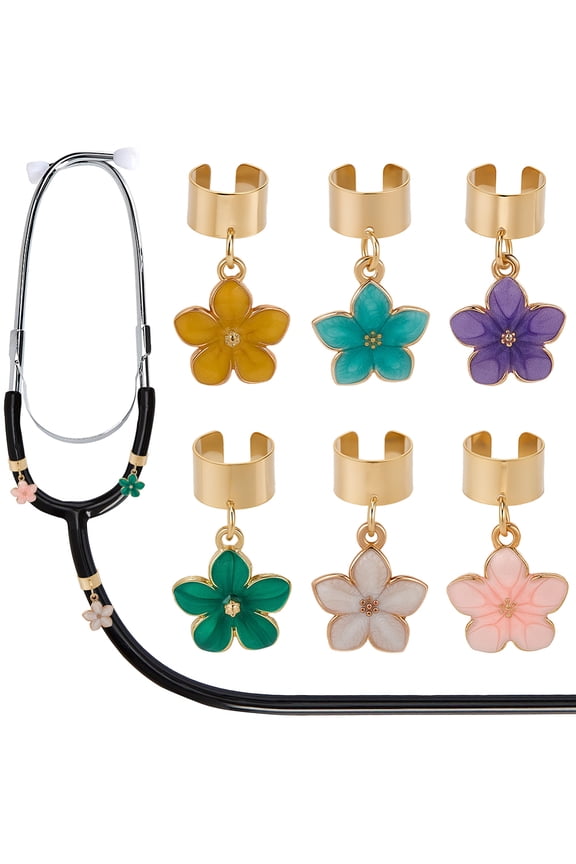 6Pcs 6 Colors Stethoscope Name Tag Flower Stethoscope Charm Small Gold Alloy Enamel Mixed Color 5 Petal Cute ID Tag Charms Accessories