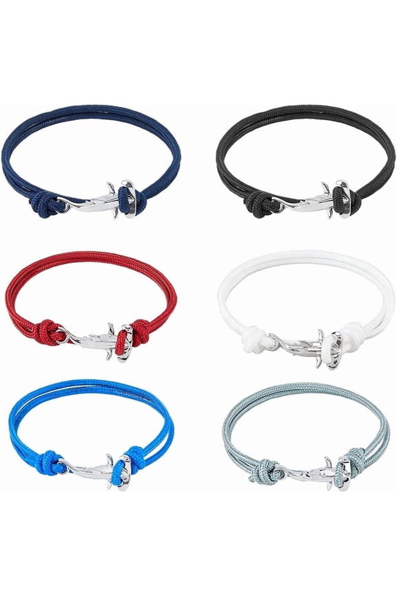 6Pcs 6 Colors Survival Polyester Cord Bracelets Set with Alloy Shark Shape Clasps Double Line Multi-strand Bracelets Mixed Color 15-3/4 inch(40cm) 1pc/color