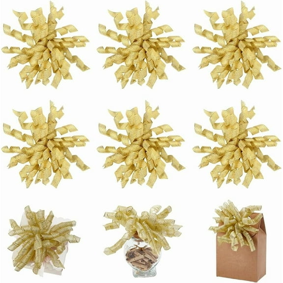6Pcs 6" Gold Yellow Metallic Curly Ribbon Bow Pre Tied Self Adhesive Tab Gift Wrapping Twist Tie Burst for Presents Bags Basket Birthday Wedding Christmas Hanukah Party Decoration