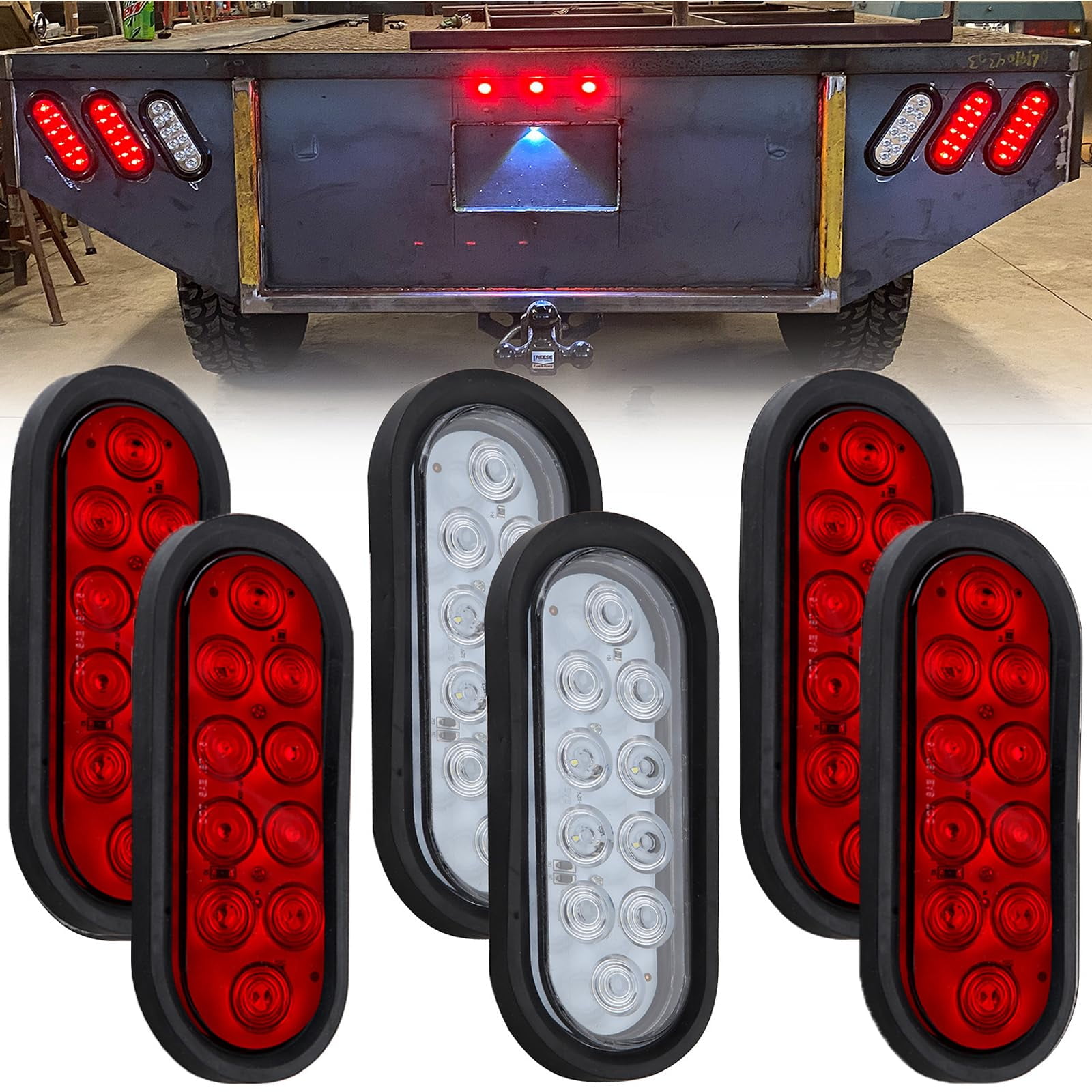 6Pcs 6 Inch Oval KEF16 LED Trailer Tail 10 LED, 4 Red and 2 White 6 ...