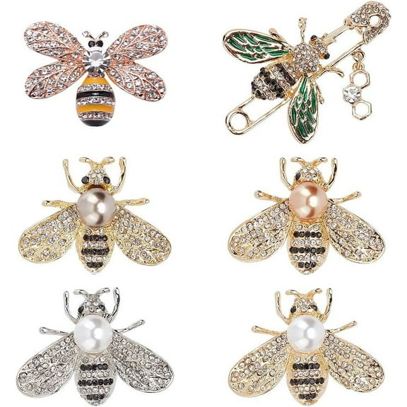 6Pcs 6 Style Bee Shape Enamel Pin Brooches with Rhinestone Alloy Badge with Plastic Pearl for Backpack Clothes Mixed Color 30~43x38.5~50x11~17.5mm Pin: 0.7~0.8mm 1Pc/style