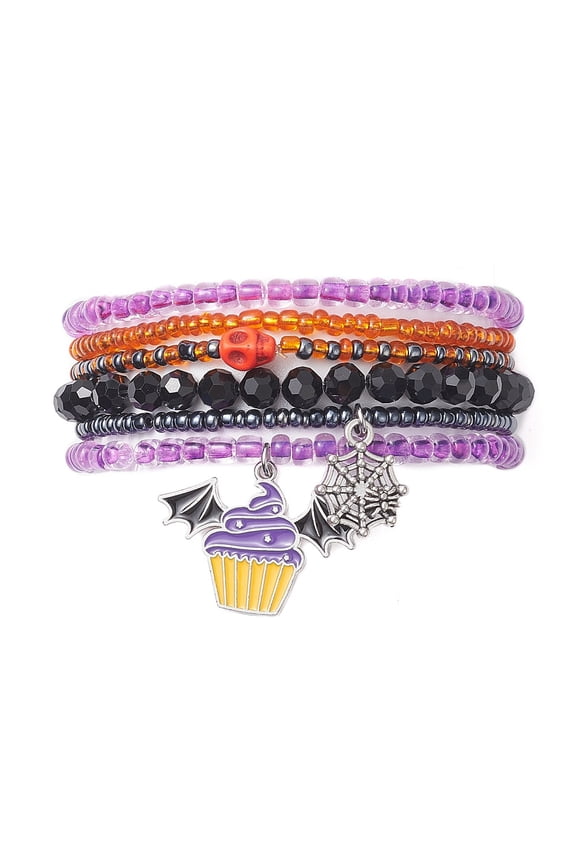 6Pcs 6 Style Dyed Turquoise Glass Beaded Stretch Bracelets Set Bat Spider Web Alloy Enamel Charms Stackable Bracelets for Mixed Color