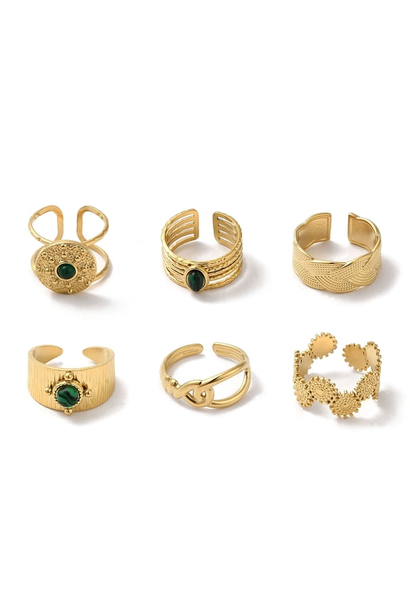 6Pcs 6 Style Flat Round Oval Hollow 304 Stainless Steel Open Cuff Rings Set Malachite Malaysian Jade Stackable Rings Inner Diameter: 17.6-18mm