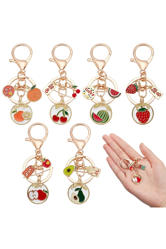 6Pcs 6 Style Fruit Alloy Enamel Pendant Keychain with Lucky Charm for Keychain Purse Backpack Ornament Mixed Patterns 8.5cm 1pc/style