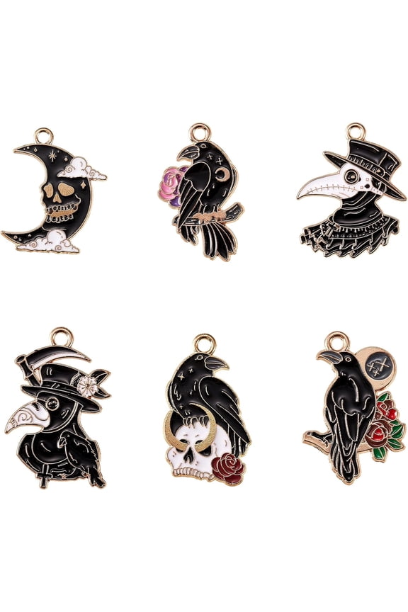 6Pcs 6 Style Halloween Raven Enamel Charms Metal Gothic Bird Skull Charms Metal Dangle Witchy Pendant Charms Bulk for DIY Necklace Bracelet Jewelry Crafts Making