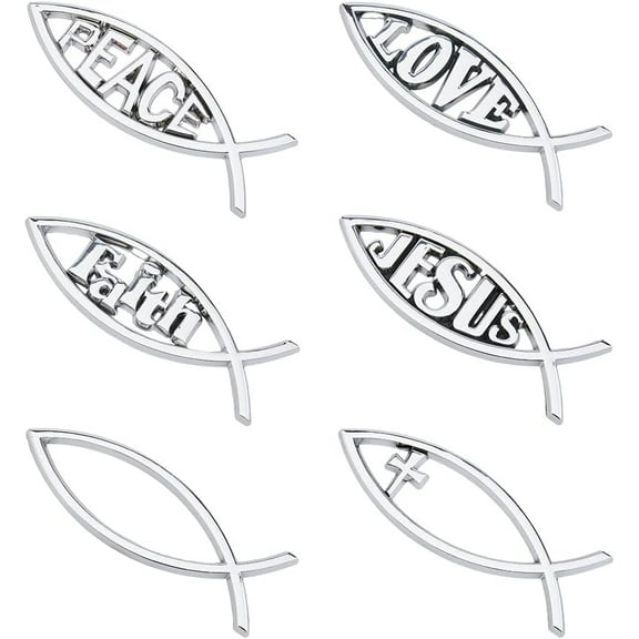 6Pcs 6 Style Jesus Fish Car Sticker Silver Auto Emblem Plastic Cross Fish Decal Sticker Waterproof Love Peace Car Stickers Self-Adhesive Decals for Vehicle Decoration 140x46x6mm