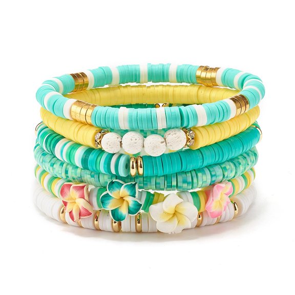 6Pcs 6 Style Natural Lava Rock Polymer Clay Heishi Surfer Stretch Bracelets Set Stone Preppy Bracelets with Plumeria Flower for Women Mixed Color