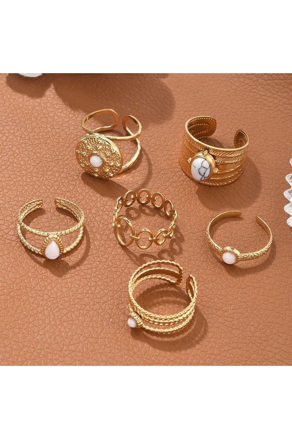 6Pcs 6 Style Oval & Flat Round & Teardrop 304 Stainless Steel Open Cuff Rings Set Natural White Jade Stackable Rings Real 18K Gold Plated