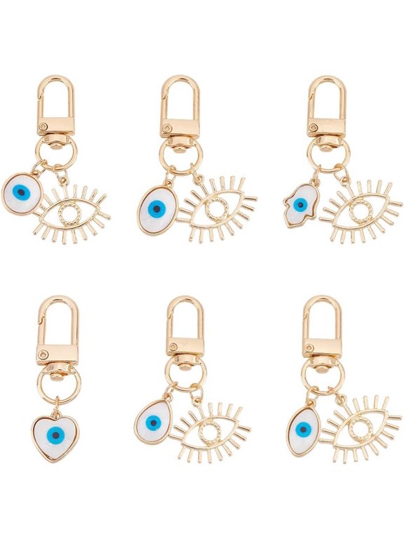 6Pcs 6 Style Resin Pendant Decorations for Women with Zinc Alloy Eye and Swivel Clasp Golden Heart Teardrop Oval Hamsa Hand