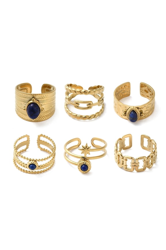 6Pcs 6 Style Teardrop Star Rectangle 304 Stainless Steel Open Cuff Rings Set Natural Lazuli Stackable Rings Real 18K Gold Plated