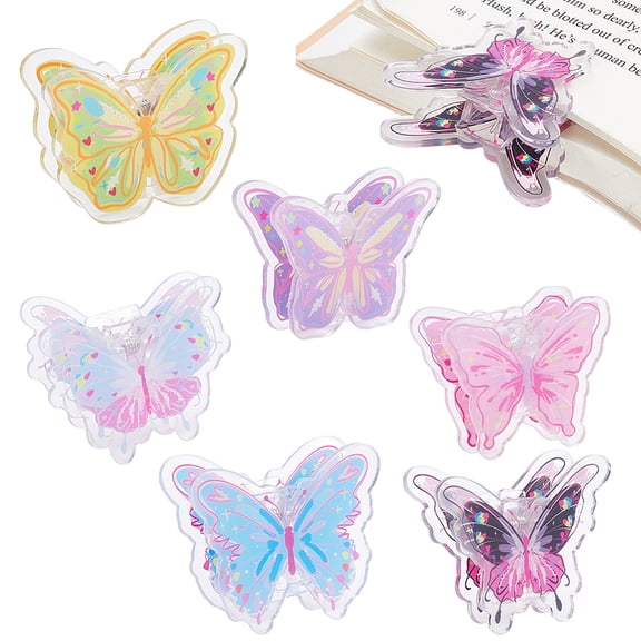 6Pcs 6 Styles Acrylic Binder Paper Clips Card Assistant Clips Butterfly Mixed Color 34 -38x43 -47x18 -20mm 1pc/style