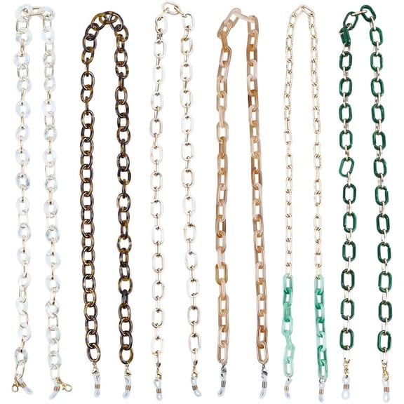 6Pcs 6 Styles Acrylic Glasses Chain 30 Inch Eyeglass Paperclip Link Chain Strap Holder Cord Sunglasses Necklace Holder Eyewear Retainer Lanyard with Clips for Men Women Adults Reading for DIY