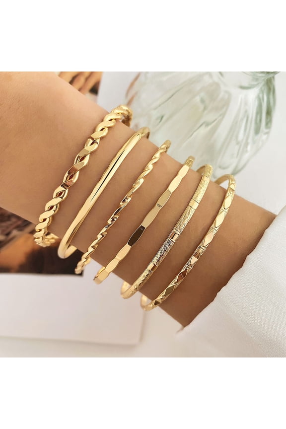 6Pcs 6 Styles Alloy Bangles Stackable Bangle Set for Women Light Gold Diameter: 67~71mm