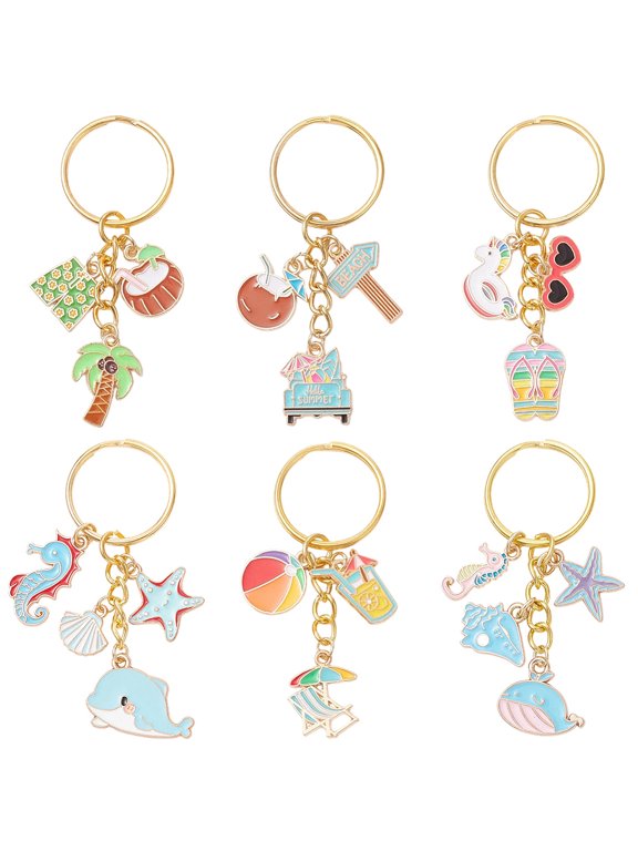 6Pcs 6 Styles Alloy Enamel Keychains with Iron Split Key Rings Marine Theme Mixed Shapes Mixed Color 65~70mm 1pc/style