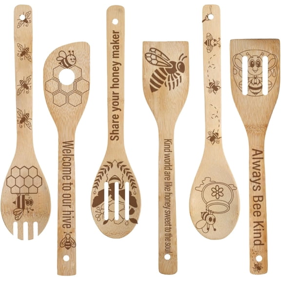6Pcs 6 Styles Bamboo Spoons Knifes Forks Flatware for Dessert Bees 300x60mm 1pc/style