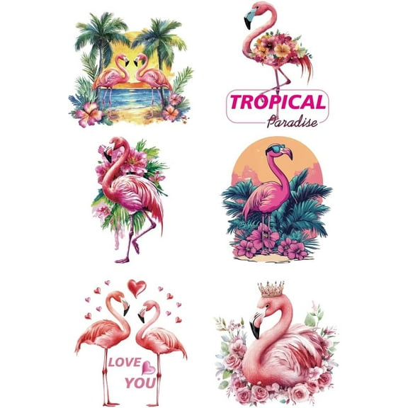 6Pcs 6 Styles Beach Theme Plastic Heat Transfer Film Logo Stickers Set for DIY T-Shirt Bags Hats Jackets Flamingo Shape 210~230x144~230mm 1pc/style
