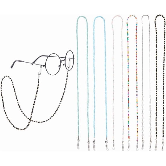 6Pcs 6 Styles Beaded Glasses Chain Sunglass Holder Strap Lanyard Around Neck Glass Beads Holders Chains Clamp Necklace Strap with Eyeglass Rubber Loop for Sunglasses Hanger Keeper