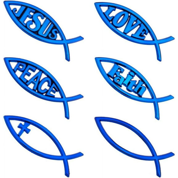 6Pcs 6 Styles Blue Jesus Fish Decal Sticker Acrylic Fish Auto Emblem Waterproof Love Peace Car Stickers Self-Adhesive Decals DIY