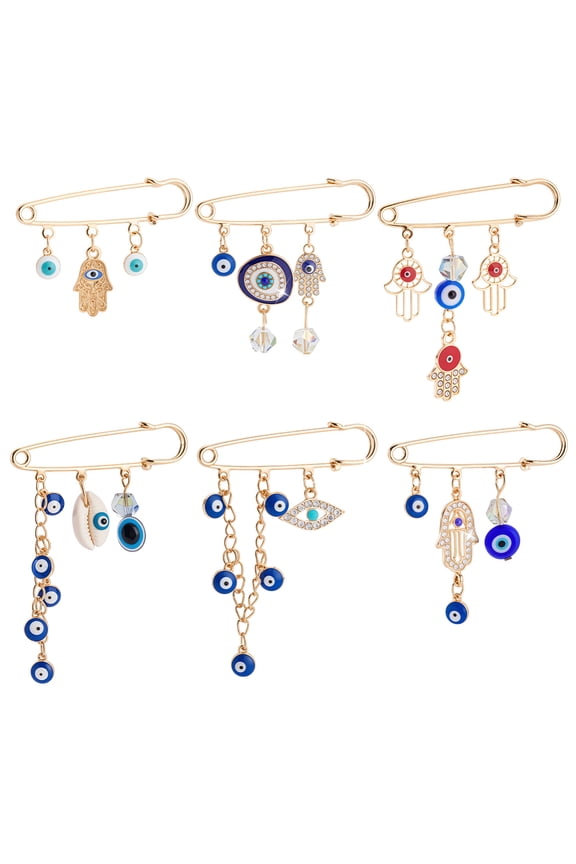 6Pcs 6 Styles Brooch Pins with Tassel Enamel Safety Pins Hamsa Jeweled Safety Pin for Embellishment DIY Clothes Banquet Backpack