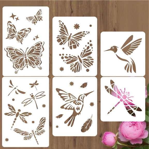 6Pcs 6 Styles Butterfly Stencil Template Insect Wall Stencil Hummingbird Dragonfly Pattern Reusable PET Plastic Hollow Out Drawing Templates