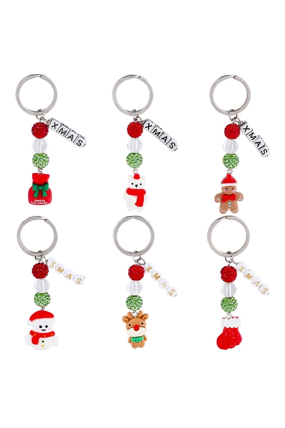 6Pcs 6 Styles Christmas Theme Opaque Resin Keychains with Iron Split Key Rings Platinum with Polymer Clay Rhinestone and Acrylic Beads Mixed Shapes