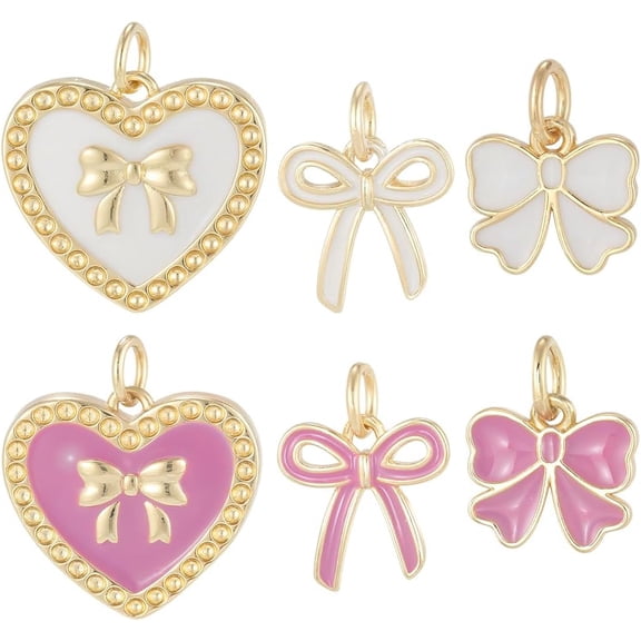 6Pcs 6 Styles Enamel Charms Pink White Metal Dangle Real 18K Gold Plated Brass Bowknot Charms Findings
