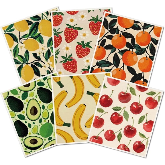 6Pcs 6 Styles Fruit Dish Cloths Swedish Kitchen Dishcloths Reusable Wash Towels Rectangle Cellulose Sponge Cherry Strawberry
