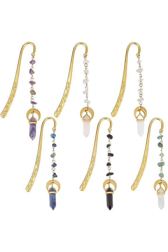 6Pcs 6 Styles Gemstone Bookmark Hook Book Marks Gold Metal Alloy Vintage Natural Gems Stones Dangle Charm Pendant Chain Hook Book Makers