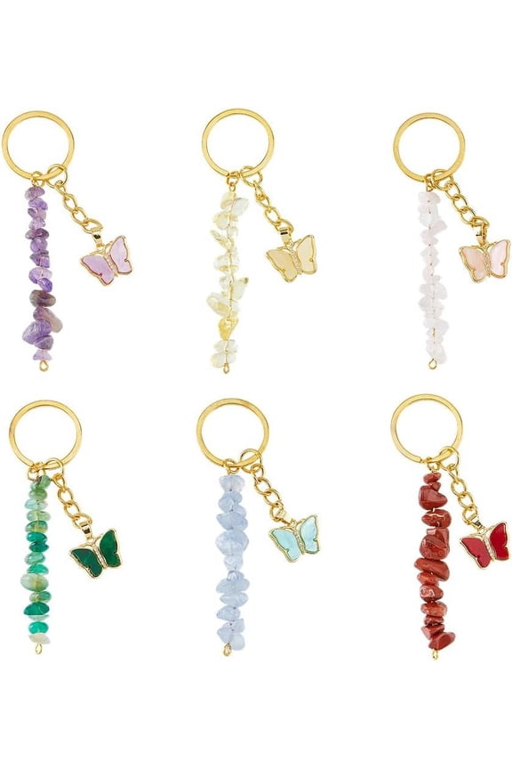 6Pcs 6 Styles Gemstone Keychains with Butterfly Charms Bead Key Chain with Iron Split Key Rings Stone Beads Keyring for Couple Best Friend Family 9cm Cornsilk