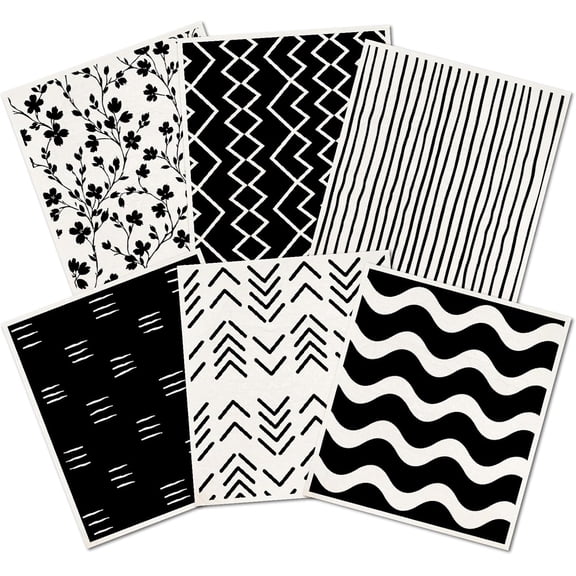 6Pcs 6 Styles Geometric Dish Cloths Swedish Kitchen Dishcloths Reusable Wash Towels Washable Rectangle Cellulose Sponge White