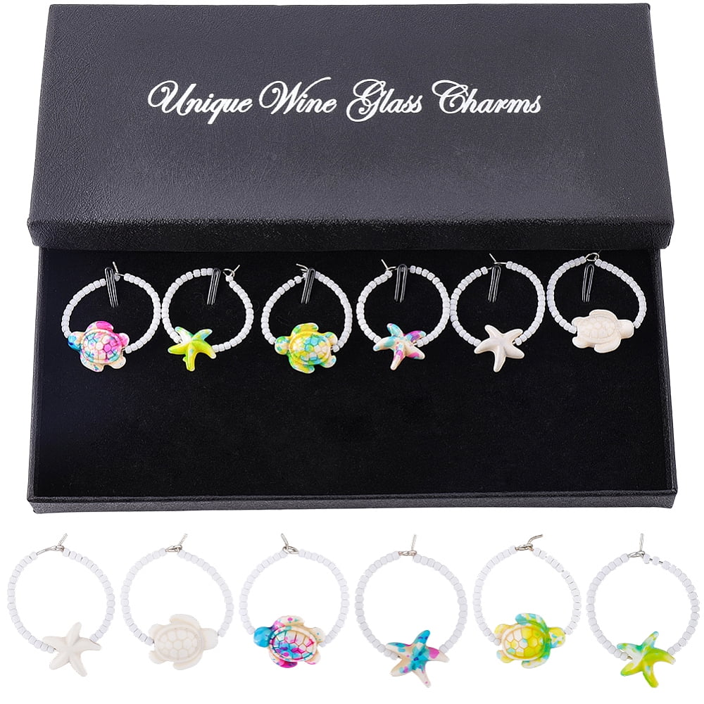 6Pcs 6 Styles Glass Seed Beads Dyed Turquoise Sea Turtle Starfish Wine ...