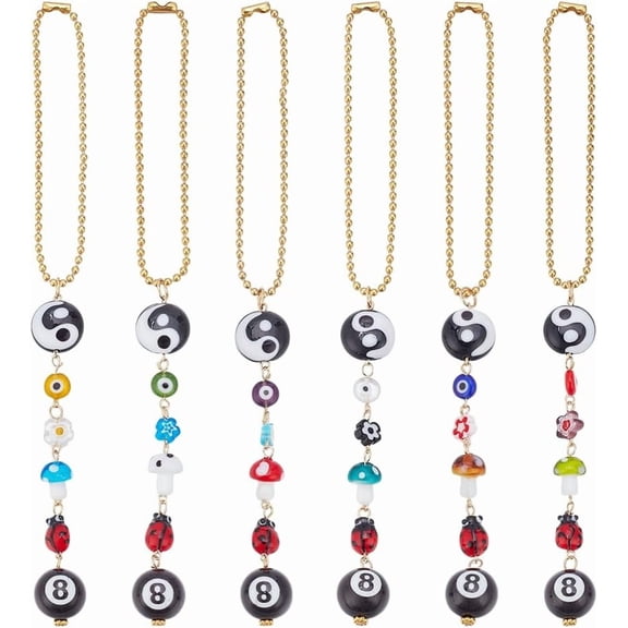 6Pcs 6 Styles Handmade Lampwork Beads Hanging Ornament with Iron Ball Chains for Car Rear View Mirror Decoration Mixed Color 205mm 1pc/style