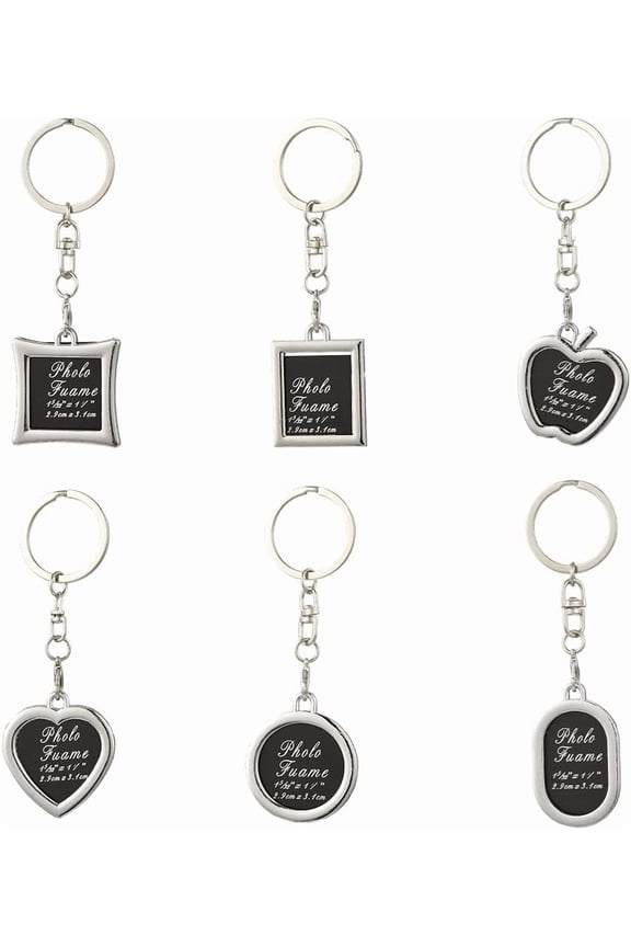 6Pcs 6 Styles Heart Picture Frame Key Chain Couple Picture Keychain with Ribbon Silver Personalized Alloy Round Hanging Photo Metal Pendants Keychains for DIY