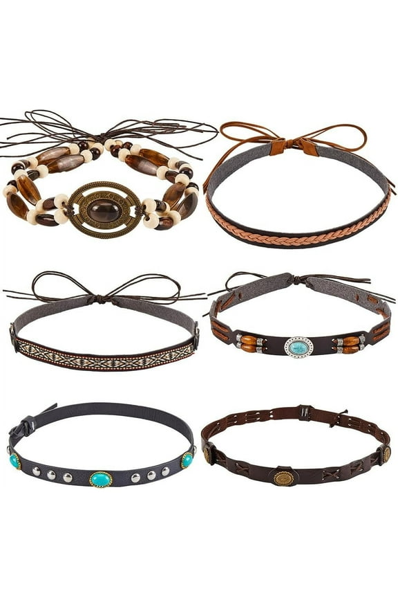 6Pcs 6 Styles Imitation Leather Southwestern Cowboy Hat Belt Overlay Hat Band for Hat Accessories Mixed Color 58~137cm 1pc/style