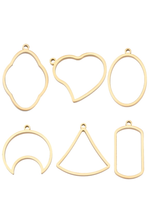 6Pcs 6 Styles Ion Plating(IP) 304 Stainless Steel Open Back Bezel Pendants For DIY UV Resin Epoxy Resin Pressed Flower Jewelry