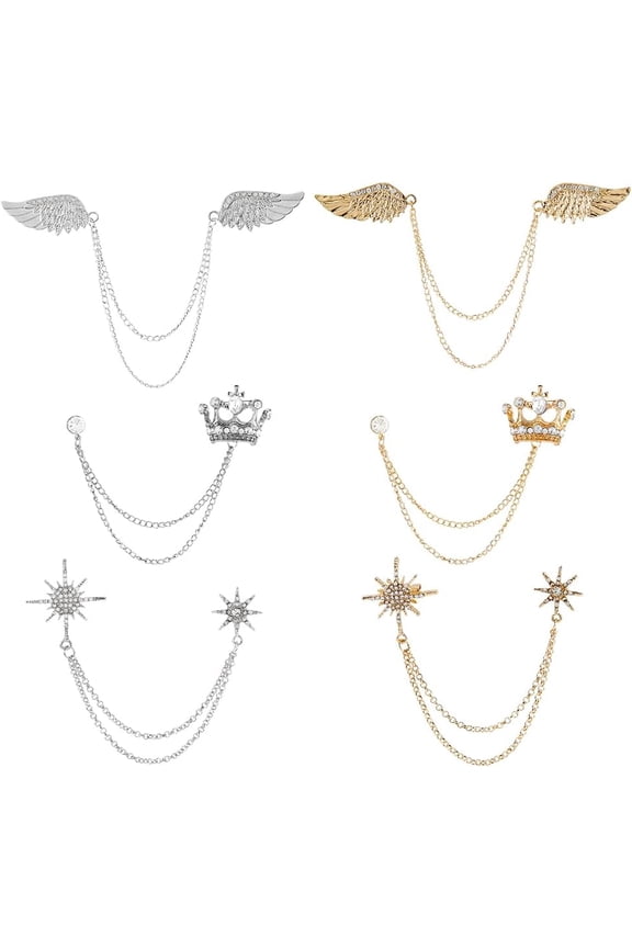 6Pcs 6 Styles Men's Scarf Collar Brooch Lapel Pin Sets Alloy Rhinestone Badge Hanging Chains for Suit Tuxedo Mixed Shapes Golden Silver