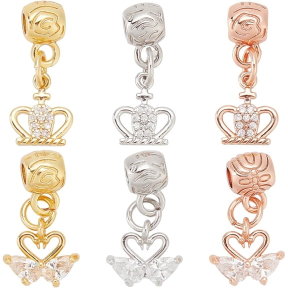 6Pcs 6 Styles Micro Pave Cubic Zirconia Charms Swan Crown Cubic Zirconia Pendants Swan Crown Charms Brass Rhinestone Charms