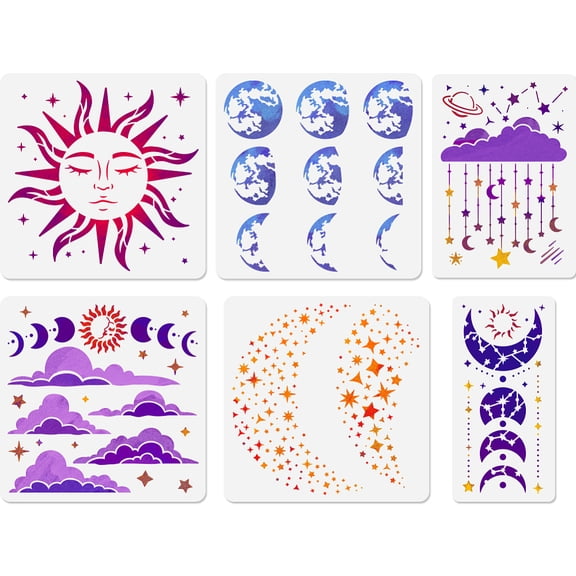 6Pcs 6 Styles Moon Sun Star PET Hollow Out Drawing Painting Stencils for DIY Scrapbook Photo Album Mixed Shapes 297~300x150~300mm 1pc/style diy