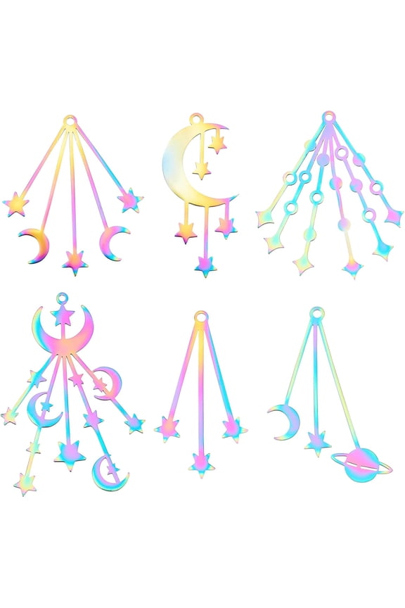 6Pcs 6 Styles Multi-Color Stainless Steel Planet with Moon Star Charms Stary Sky Pendants Hypoallergenic Celestial Pendants for Bracelet Necklace Earrings Making Multi-color