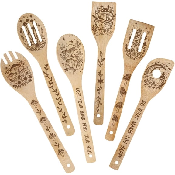 6Pcs 6 Styles Mushroom Cooking Utensils Bamboo Kitchen Spoons 2.4 x 11.8 Inch Moon Star Flower Durable Wooden Spoon Set