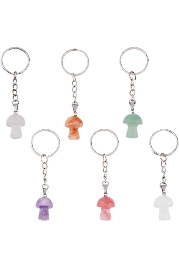 6Pcs 6 Styles Mushroom Keychain Set Novelty Mushroom Keyring Mushroom Gemstone Charm Keychain Key Ring with Mushroom Charm