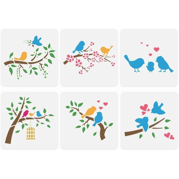6Pcs 6 Styles PET Hollow Out Drawing Painting Stencils for DIY Scrapbook Photo Album Bird 150x150mm 1pc/style Multi-color