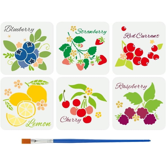 6Pcs 6 Styles PET Hollow Out Drawing Painting Stencils for DIY Scrapbook Photo Album Fruit 200x200mm 1pc/style for DIY