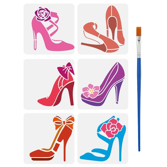 6Pcs 6 Styles PET Hollow Out Drawing Painting Stencils for DIY Scrapbook Photo Album High-Heeled Shoes 150x150mm 1pc/style