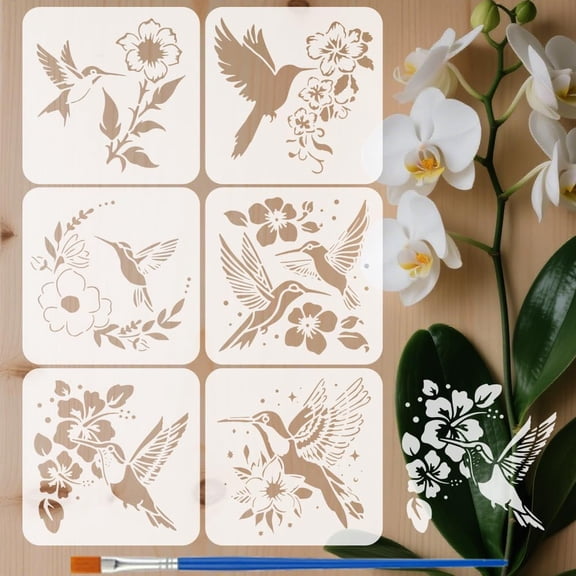 6Pcs 6 Styles PET Hollow Out Drawing Painting Stencils for DIY Scrapbook Photo Album Hummingbird 200x200mm 1pc/style for DIY