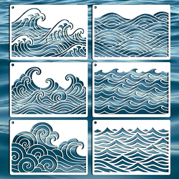 6Pcs 6 Styles PET Hollow Out Drawing Painting Stencils for DIY Scrapbook Photo Album Sea Wave 297x210mm 1pc/style