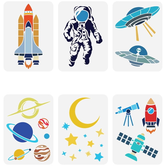 6Pcs 6 Styles PET Hollow Out Drawing Painting Stencils for DIY Scrapbook Photo Album Spaceship 297x210mm 1pc/style