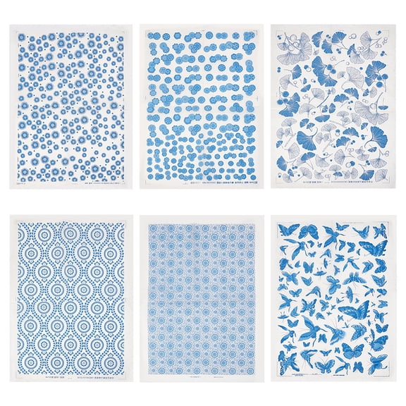 6Pcs 6 Styles Paper Ceramic Decals Pottery Ceramics Clay Transfer Paper Underglaze Flower Paper Blue and White Porcelain Style Mixed Shapes DIY