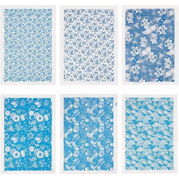 6Pcs 6 Styles Paper Ceramic Decals Pottery Ceramics Clay Transfer Paper Underglaze Flower Paper Blue and White Porcelain Style Mixed Shapes for DIY